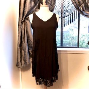 Free People Black Slip Dress, Lace Trim Size L